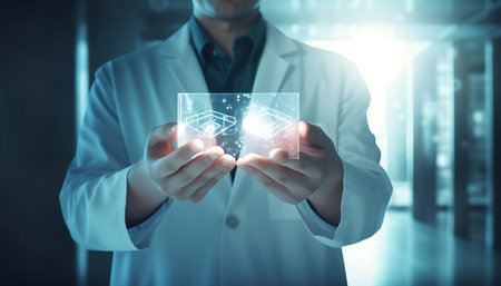 Double exposure of doctor holding digital tablet with hologram. Future technology conceptの素材