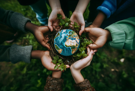 Hands of children holding a globe in the forest. Save the planet concept.の素材