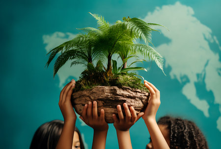 Hands holding green plant in a pot. World Environment Day conceptの素材