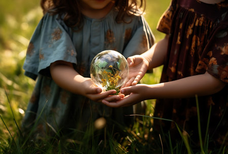 Two little girls holding a crystal ball on the grass. Ecology conceptの素材