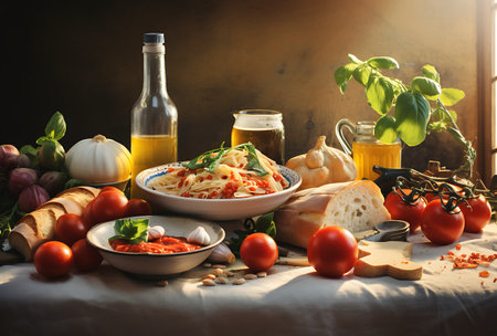 Italian pasta with tomato sauce, garlic, olive oil and basil on the tableの素材
