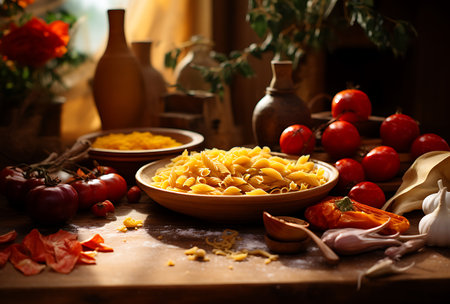 Raw pasta with vegetables on a wooden table. Selective focus.の素材