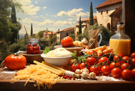 Italian food background. Pasta, tomatoes, cheese, olives and spices on wooden tableの素材