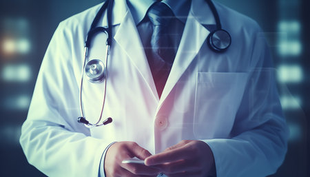 Close up of male doctor using mobile phone. Medical concept. Double exposureの素材