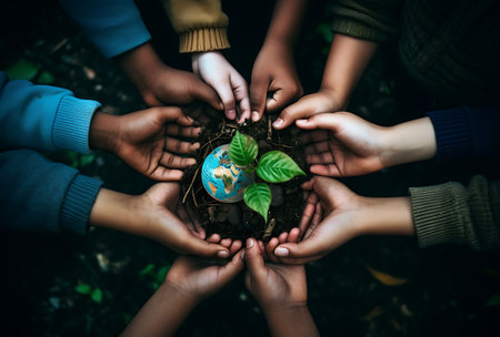 Hands of children holding a globe and plant in the forest. Save earth concept.の素材