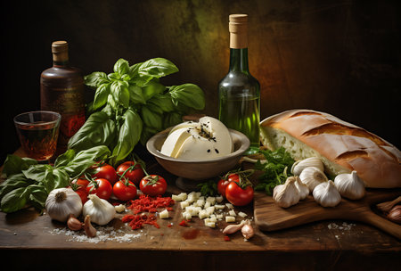 Ingredients for Caprese salad with mozzarella cheese, tomatoes, basil and olive oilの素材
