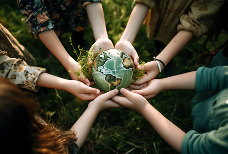 Group of children holding a globe in hands. Earth Day concept.の素材