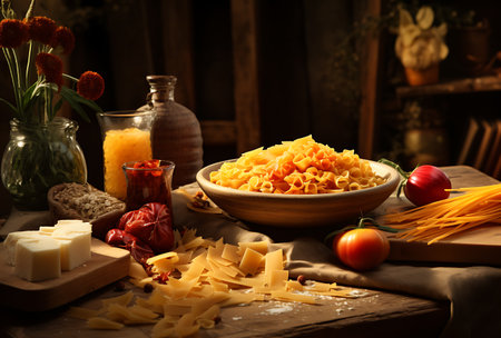 Still life with different types of pasta on a wooden backgroundの素材