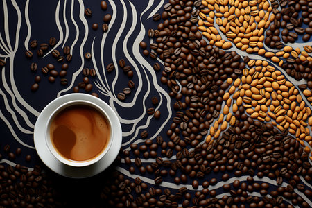 Coffee cup and coffee beans on black background. 3d renderingの素材