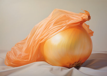 onion on a white background with a transparent cloth, still lifeの素材