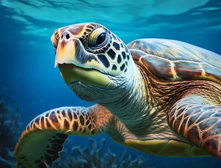 Green sea turtle swimming in deep blue ocean. 3D illustration.の素材