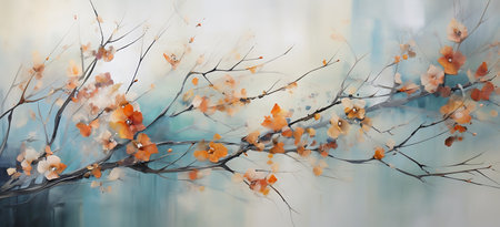 Branch of tree with leaves and flowers. Blurred background.の素材