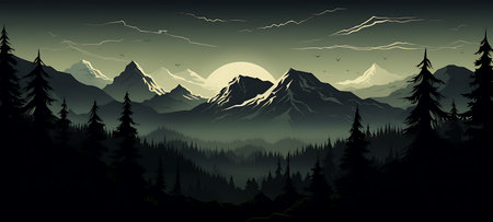 Mountain landscape with forest and high peaks at night. Vector illustrationの素材