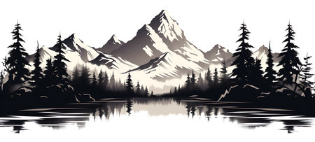 Silhouette of mountains and lake with reflection. Vector illustration.の素材