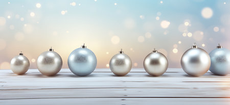 Silver christmas balls on bokeh background. 3d renderの素材