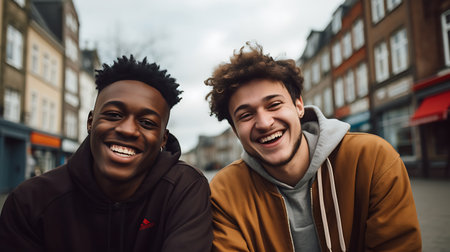 Two young african american men smiling and looking at camera in cityの素材