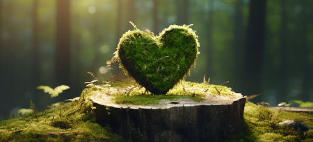Heart shaped tree stump in the forest with green moss, 3d renderの素材