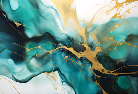 Alcohol ink abstract background. Blue, green and gold liquid texture.の素材
