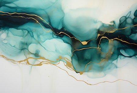 Alcohol ink abstract background. Blue, gold and white liquid texture.の素材