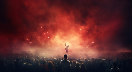 Silhouette of a man in the middle of a crowd at a concertの素材