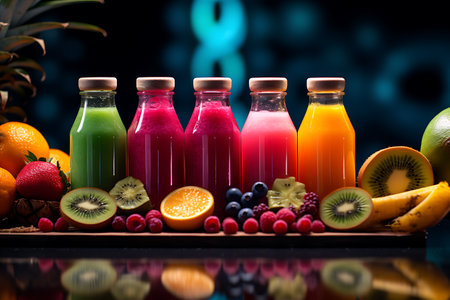 Bottles of fresh fruit juices on dark background. Healthy lifestyle concept.の素材