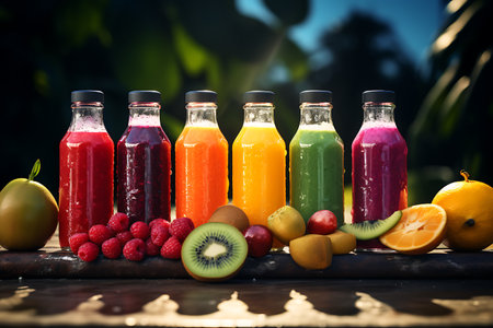Fruit smoothies in bottles with fresh fruits on wooden table.の素材