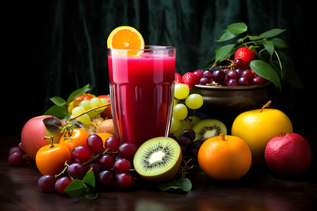fruit juice in a glass with fresh fruits on a dark wooden backgroundの素材