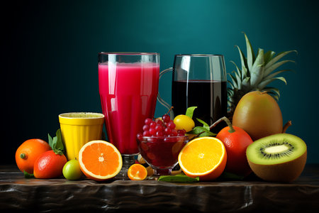 Fruit juice in a glass and fresh fruits on a wooden tableの素材