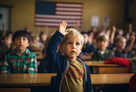 Portrait of a boy raising his hand in the classroom at schoolの素材
