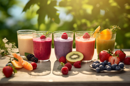 Smoothies in glasses with berries and fruits on wooden table outdoorsの素材