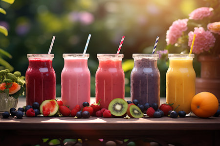 Fruit smoothies in glass bottles on wooden table in garden.の素材