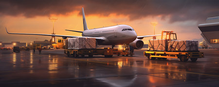 airplane in the airport at sunset. 3d render illustration.の素材