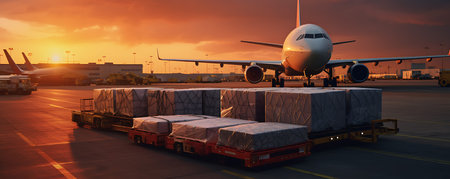 Airplane in the airport at sunset. Cargo transportation and logistics conceptの素材