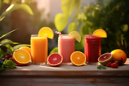 Fresh fruit juices in a glass on a wooden table in the gardenの素材