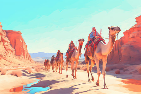 Camels on the road in the desert. 3d illustration.の素材