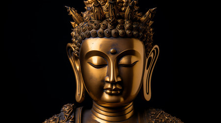Golden buddha statue on black background, close up view.の素材