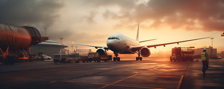 Airplane in the airport at sunset. Transportation and Logistics concept.の素材
