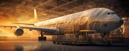 3d rendering of a passenger plane in the airport at sunset.の素材