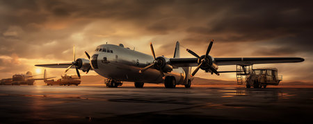 Vintage airplane on the runway at sunset. 3d render.の素材
