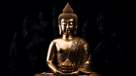 Golden buddha statue on black background with copy space for textの素材