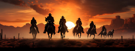 Cowboy on horseback in the desert at sunset. 3d renderingの素材
