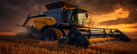 Combine harvester working on a wheat field at sunset.の素材