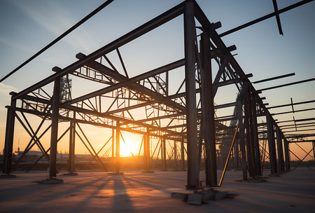 The steel structure is under construction in the evening,sunset timeの素材