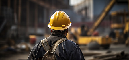 Rear view of engineer in hardhat at construction site. Mixed mediaの素材