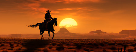 Silhouette of a cowboy on horseback in the desert at sunsetの素材