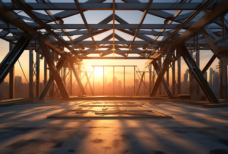 3D render of a metal structure with a sunset in the backgroundの素材