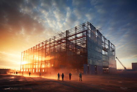 Silhouettes of people and construction site at sunset. 3d renderingの素材