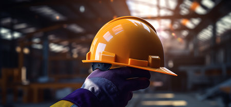 Close up of construction worker hand holding safety helmet in factory. Mixed mediaの素材