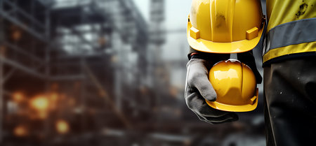 Close up of engineer hand holding yellow safety helmet on construction site backgroundの素材