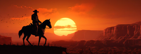 Silhouette of cowboy on horseback at sunset. 3d renderingの素材